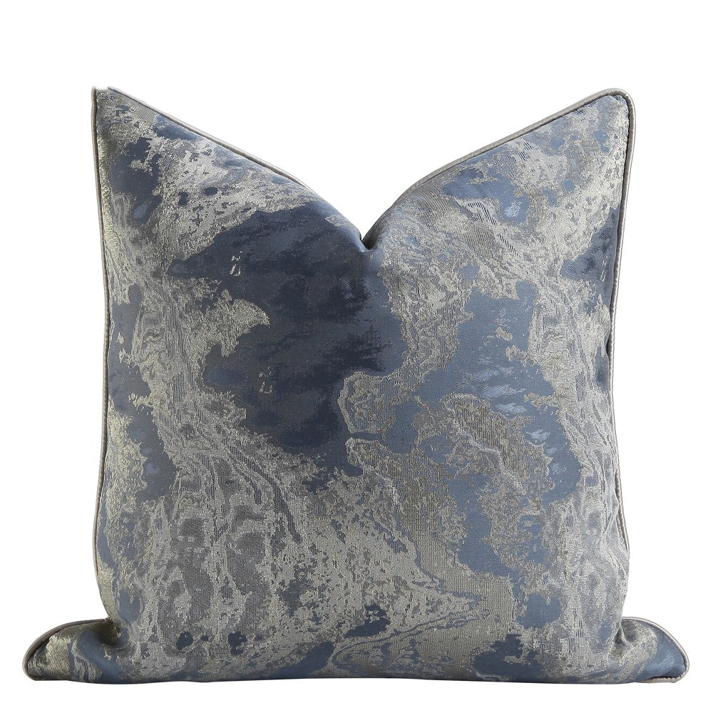 Almohada de cojín con pintura de tinta china, funda de almohada de jacquard azul y gris