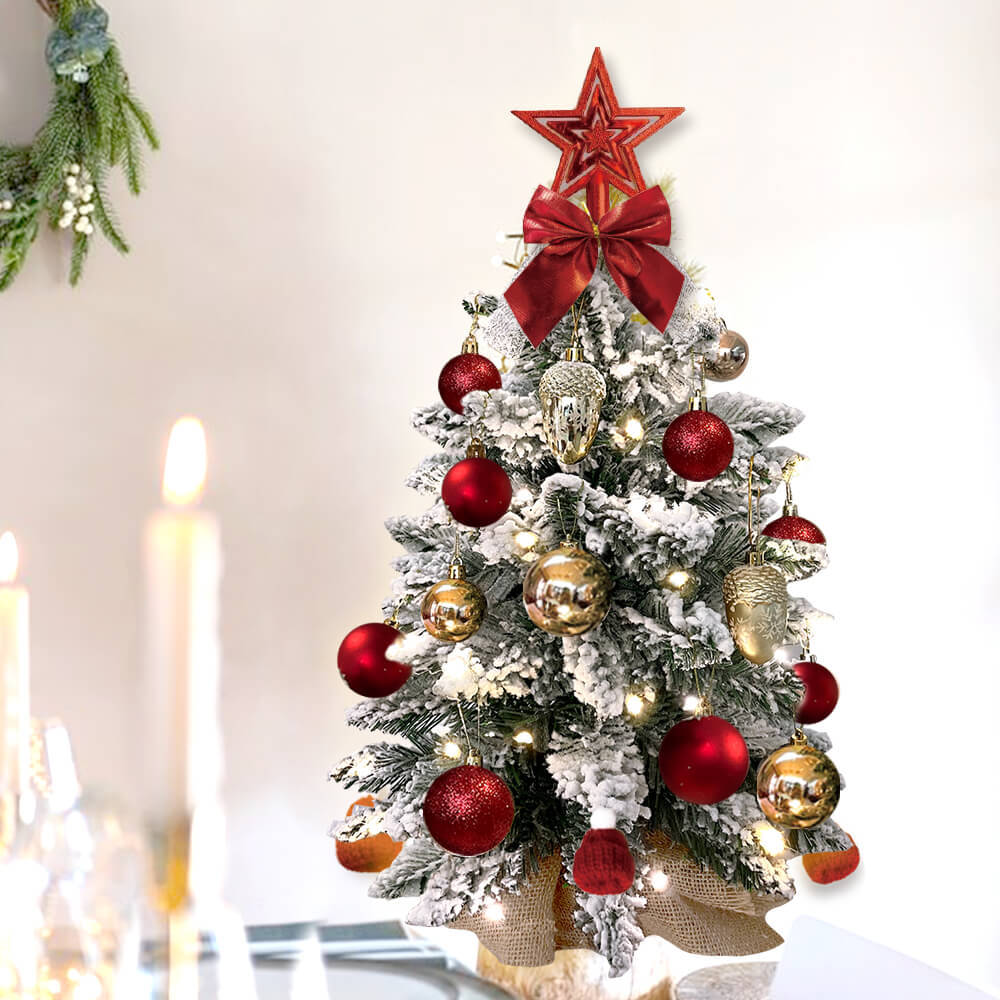 Mini árbol de Navidad de 2 pies con decoración navideña de mesa pequeña artificial ligera con nieve flocada, decoración exquisita y adornos navideños para mesa para el hogar y la oficina