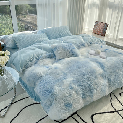 Milk Fiber Winter Mink Fur Bed Four-piece Long Wool Quilt Cover Coral Velvet Double-sided Plush Fleece-lined Quilted Bed Skirt Princess Style