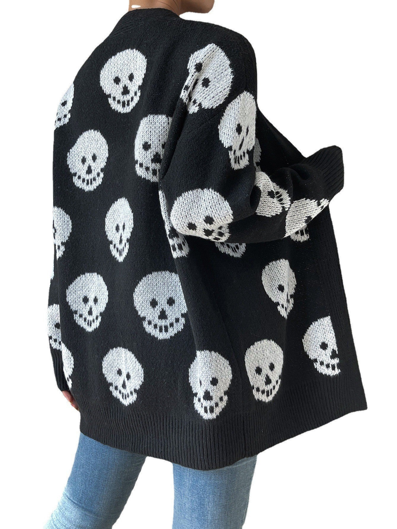 Cardigan à manches longues en tricot jacquard à motif tête de mort pour femme, style décontracté, à la mode, pour Halloween