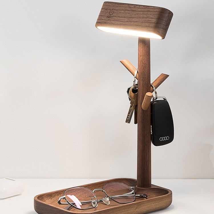 Lámpara de mesa LED de madera maciza de nogal Negro Nórdico, portallaves, escritorio recargable