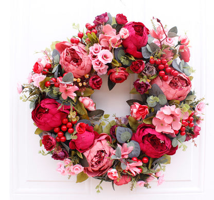 Christmas Red Door With Autumn Peony Wreath