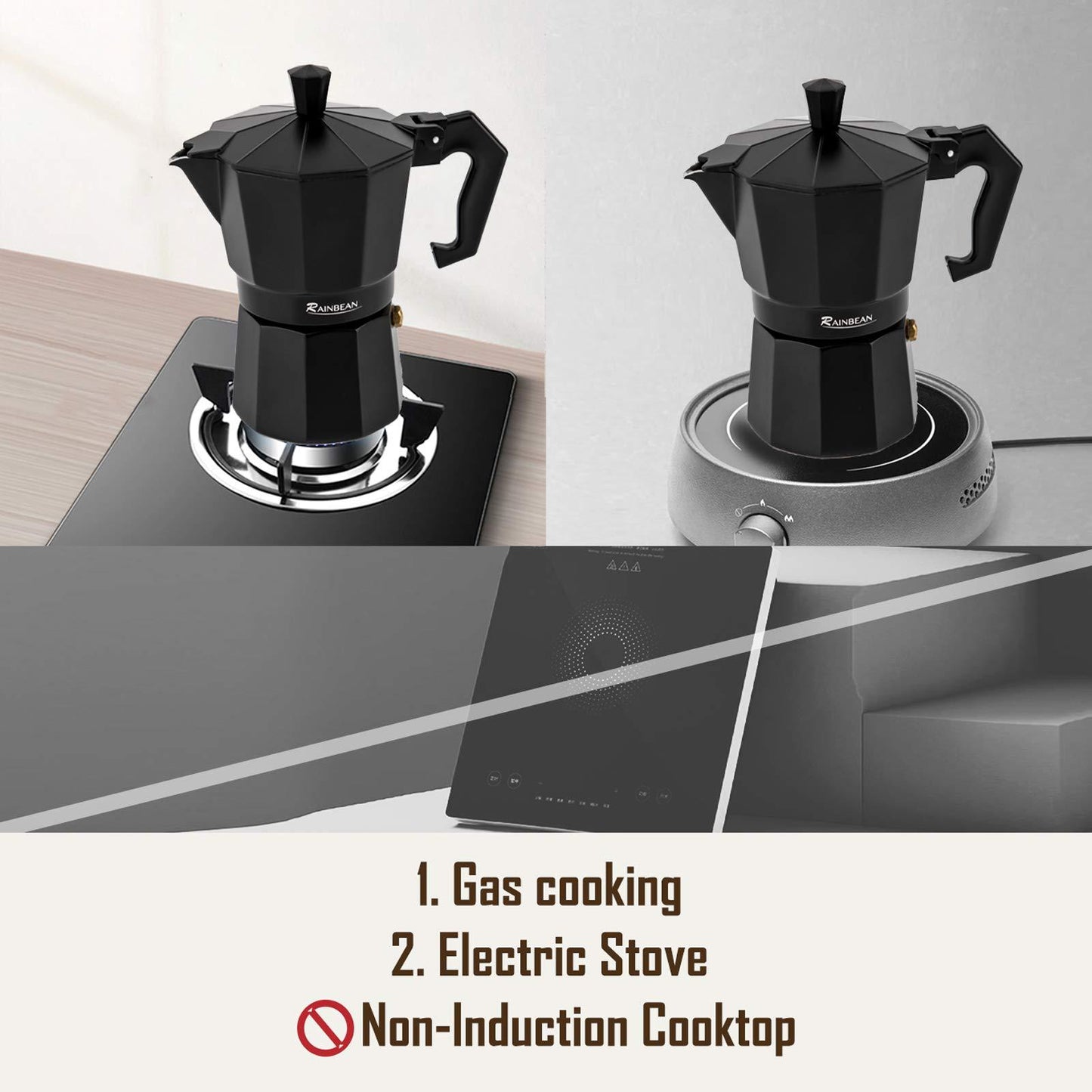 Cafetera espresso para estufa Taza de espresso Moka Pot Cafetera clásica Cafetera percoladora Espresso italiano para gas o eléctrico Aluminio Negro Paquete de regalo con 2 tazas Plataforma Amazon prohibida