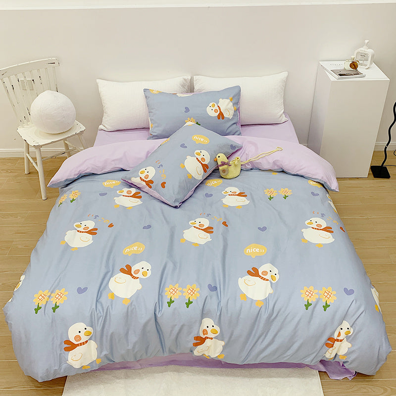 Parure de lit en coton quatre pièces pour fille, motif cœur, dessin animé, housse de couette, linge de lit en pur coton