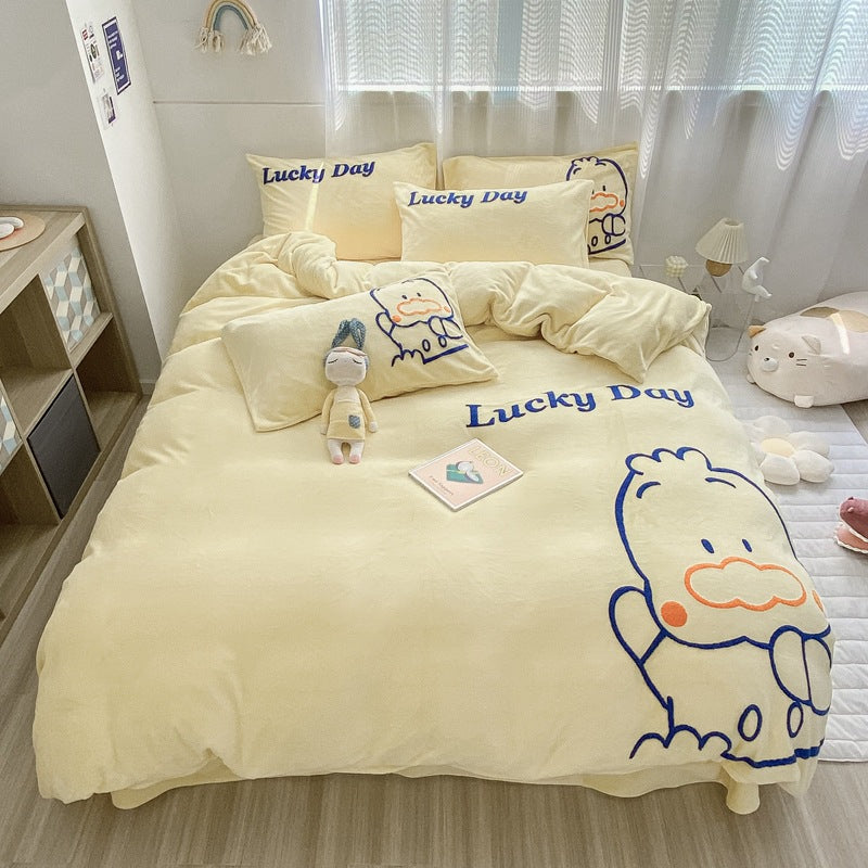 Thickened Warm Milk Fleece Bed Hat Baby Duvet Set Four-piece Set