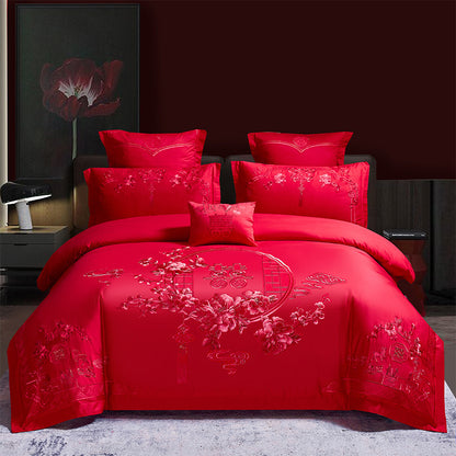 Conjunto de cuatro piezas para boda roja, venta al por mayor, ropa de cama bordada de algodón puro para boda, edredón Xi para cama de matrimonio, dragón y fénix