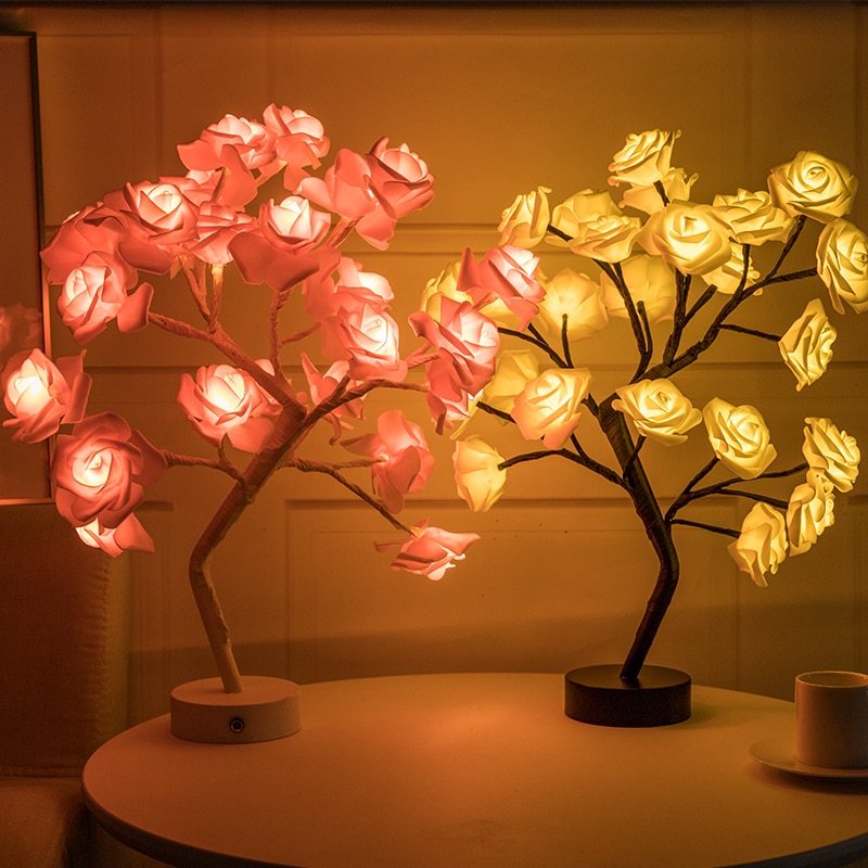 Rose Flower Lamp USB Battery Operated LED Table Lamp Bonsai Tree Night Lights Garland Bedroom Decoration Lights Home Decor