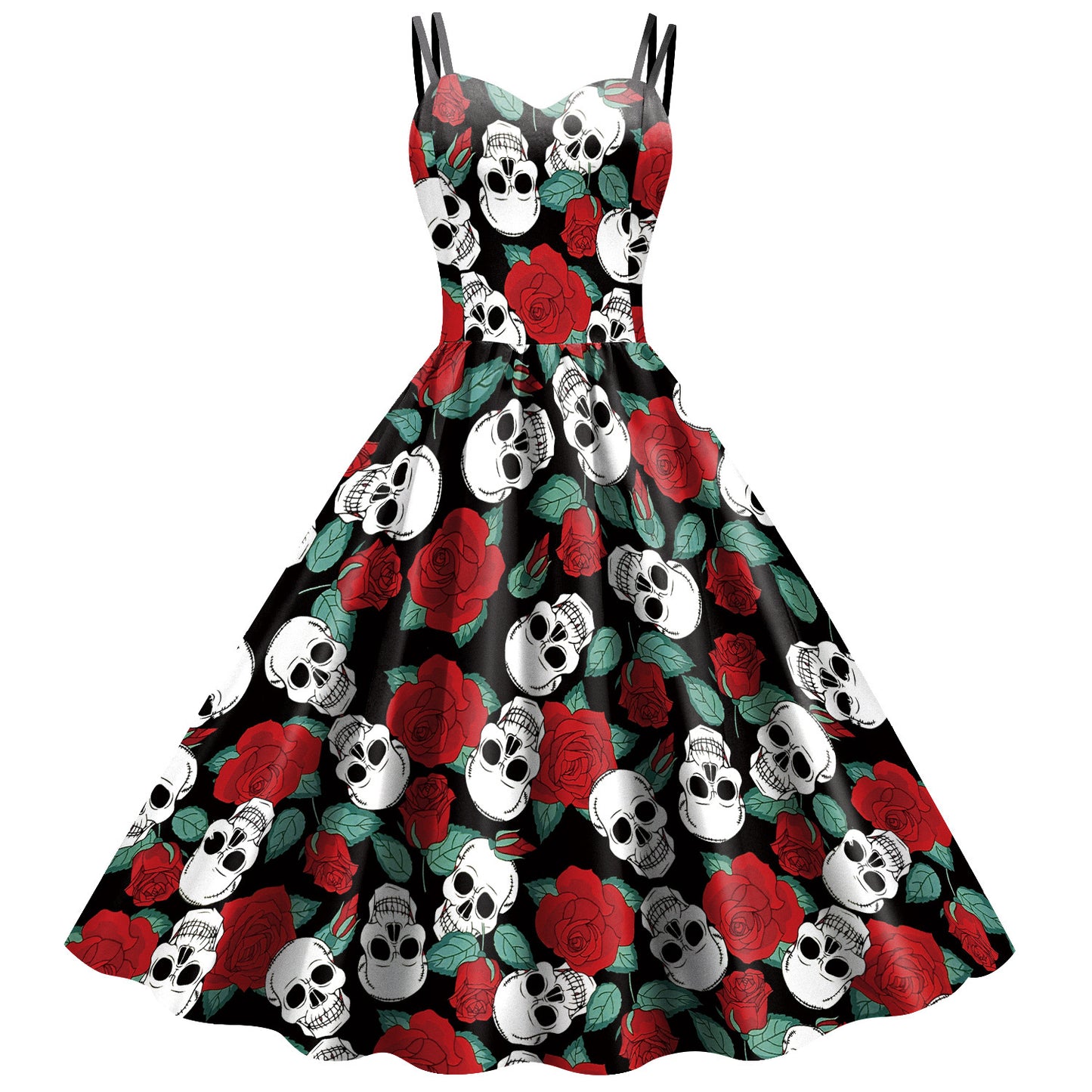 Vestido con estampado digital de calavera y esqueleto con falda y tirantes de estilo nuevo para Halloween