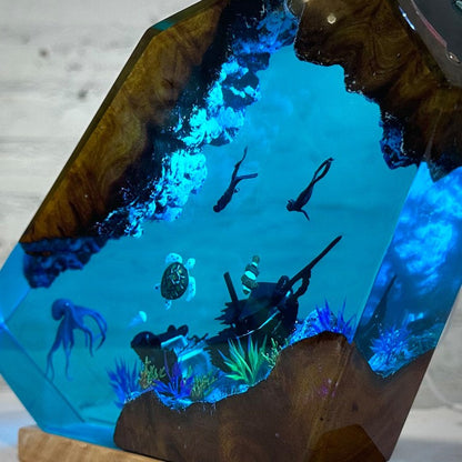 Solid Wood Epoxy Resin Deep Sea World Small Night Lamp