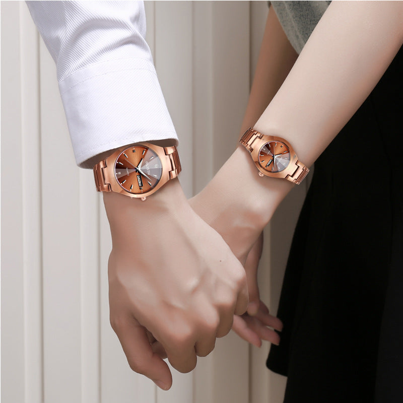 Montre de couple pour étudiants, bracelet en acier étanche et lumineux, couleur café et or