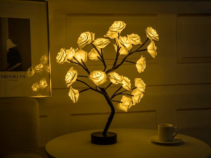 Lámpara de flores rosas, lámpara de mesa LED con batería USB, luces nocturnas de árbol bonsái, guirnalda de luces decorativas para dormitorio, decoración del hogar