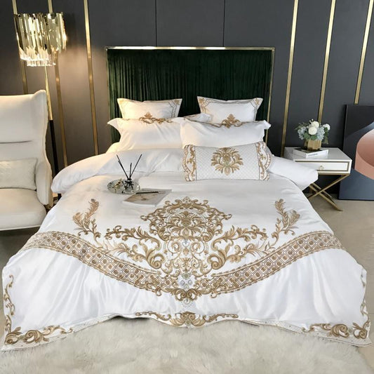 Parure de lit et housse de couette en coton Tencel brodée en quatre pièces