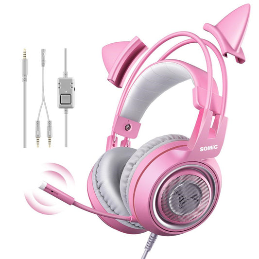 SOMIC G951s, auriculares rosas con Oreja de Gato para juegos, auriculares bonitos con enchufe de 3,5mm para PC, Xbox one, PS4, almohadilla para teléfono, auriculares para juegos para niñas y niños