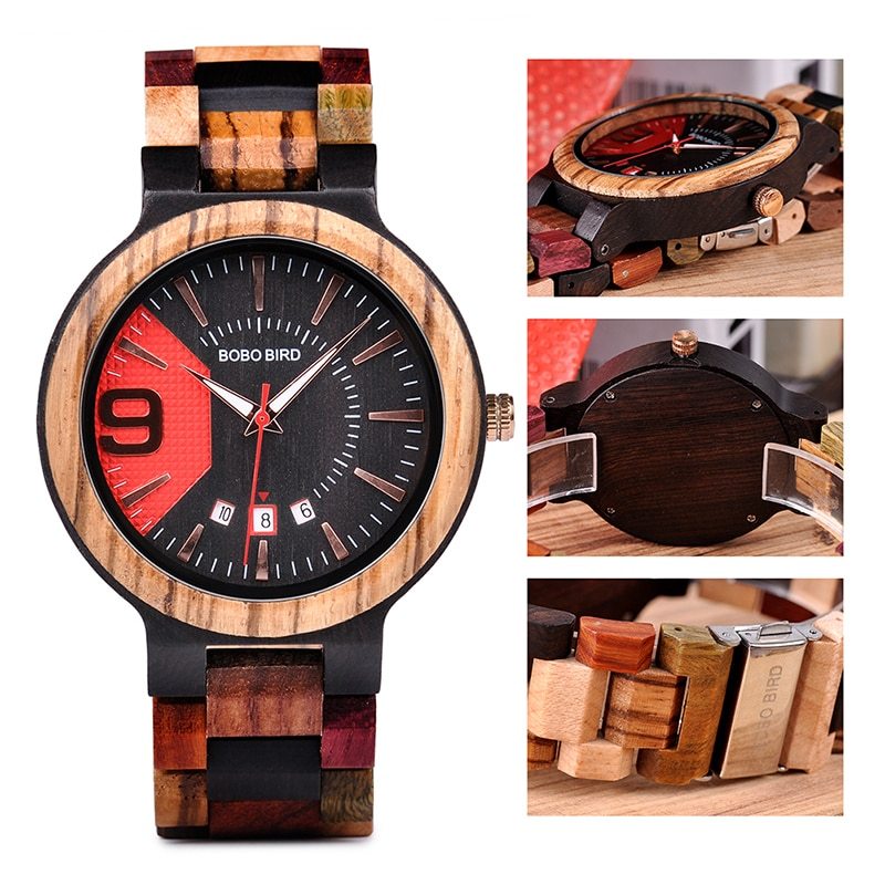 Calendario de cuarzo de madera completo, reloj resistente al agua, reloj para hombre, reloj de mesa de madera para hombre 