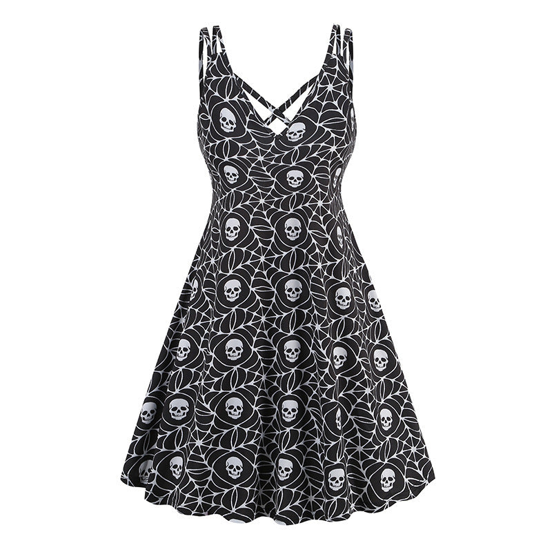 V-neck Strap Halloween Printed Pumpkin Flowers Bat Gothic Dress