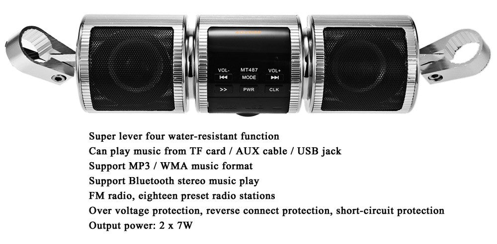 Altavoces para reproductor de música MP3 para motocicleta, altavoz estéreo con Bluetooth, Radio FM, soporte ajustable resistente al agua, reproductor de Audio 