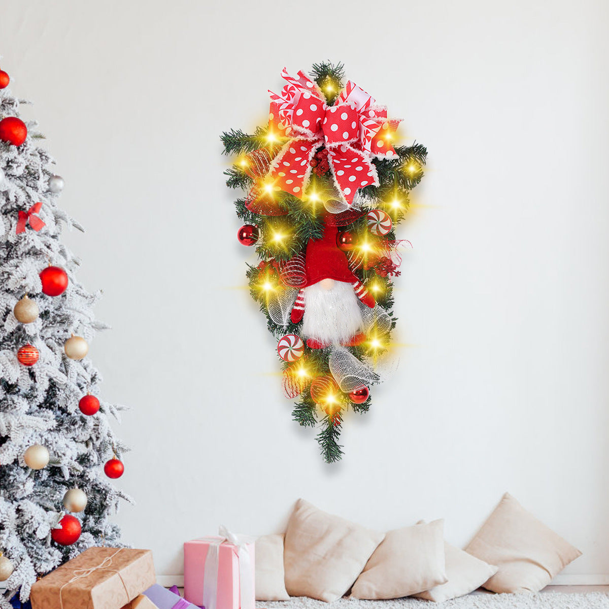 Guirnalda de decoración navideña para pared con forma de árbol y lazo para colgar en la puerta