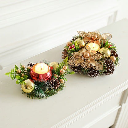 Christmas Candle Metals Candlestick Wreath Artificial Pinball Pinecone Candle Holder Fake Leaves Xmas New Year Home Table Decor