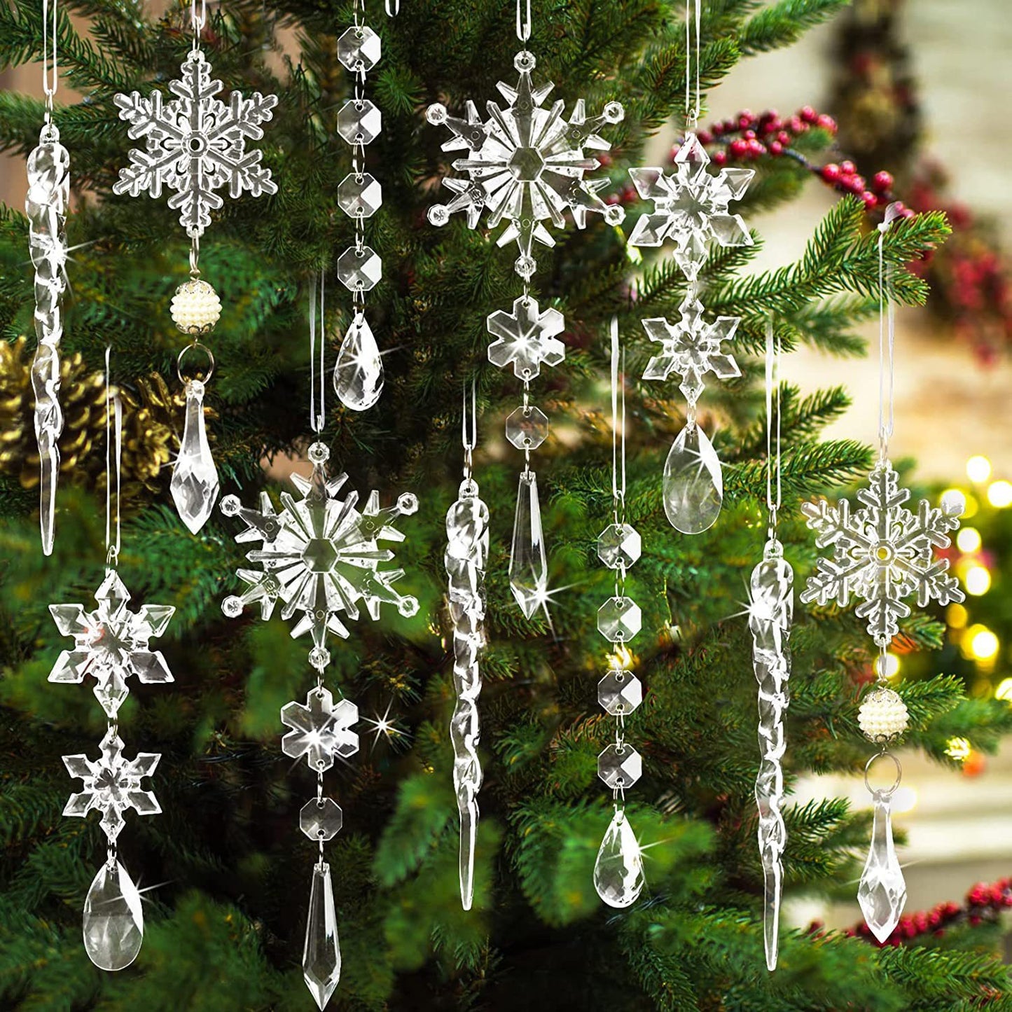 10 piezas de colgantes para árbol de Navidad, acrílico, tira de hielo, nieve, adornos navideños para el techo, decoración de Año Nuevo, decoración del hogar