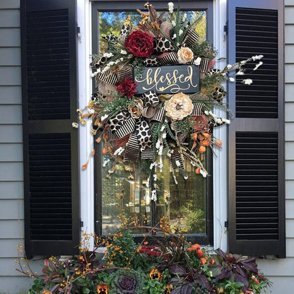 Corona de Halloween para todo el año, corona de guepardo otoñal, hermosa decoración otoñal para la puerta de entrada, tela para Acción de Gracias y Navidad