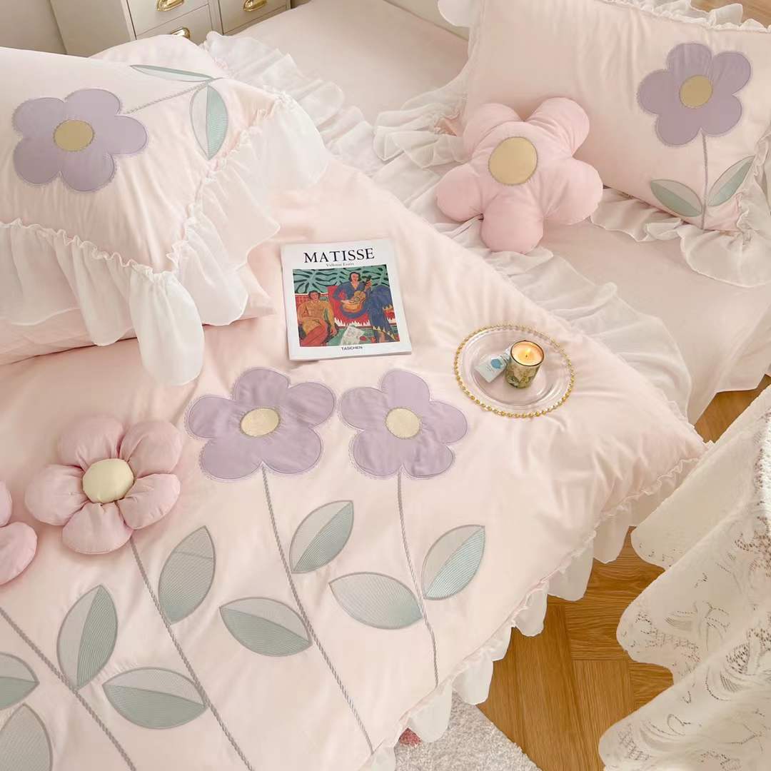 Housse de couette en coton, drap de lit, broderie florale tridimensionnelle, quatre pièces