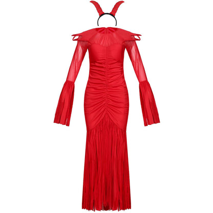 Costume de diablesse rouge à manches longues pour femme maléfique d'Halloween