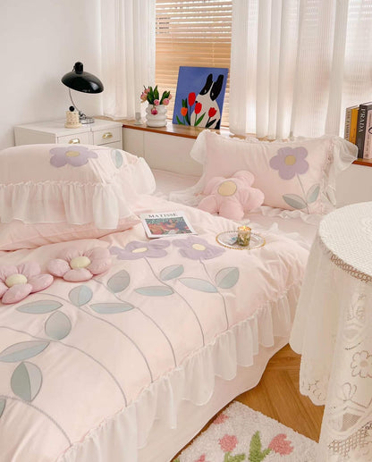 Housse de couette en coton, drap de lit, broderie florale tridimensionnelle, quatre pièces