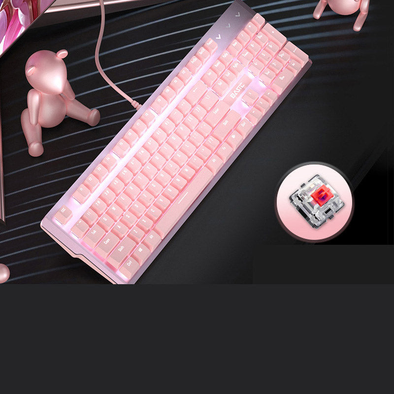 Teclado mecánico rosado femenino 104 teclas eje verde eje negro eje rojo cableado