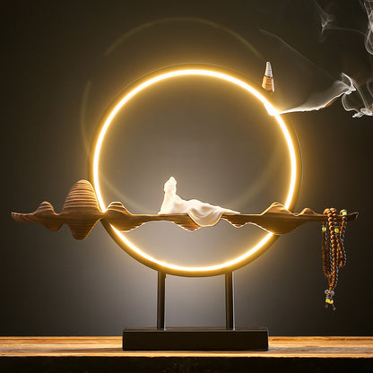 Nueva lámpara LED Zen china, círculo de madera desgastada, decoración de porcelana blanca, decoración creativa para mesa de salón de té y porche de casa