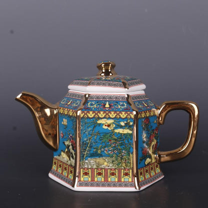 Enamel Flower And Bird Teapot Home Decoration