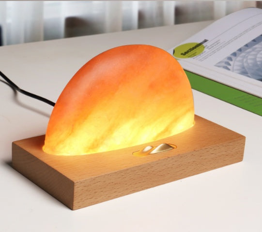 Sunrise – lampe de table led orientale, cadeau, lampe à sel avec téléphone portable, chargement sans fil, base en bois massif, abat-jour en sel minéral