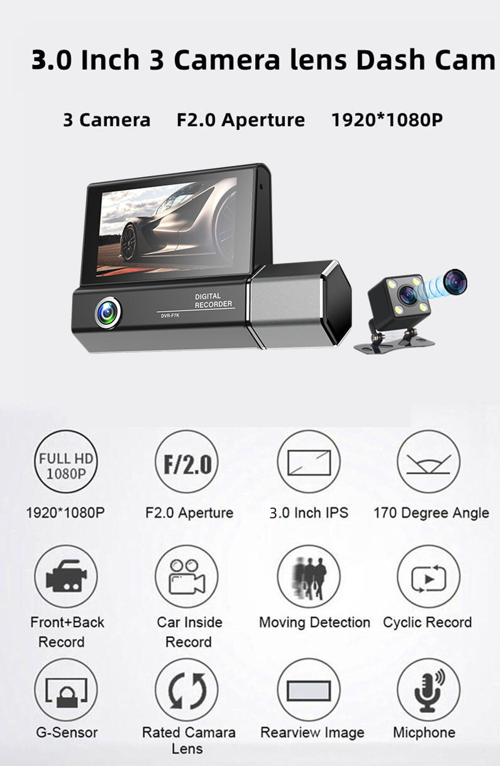 3 Lens Video HD 1080P Tachograph