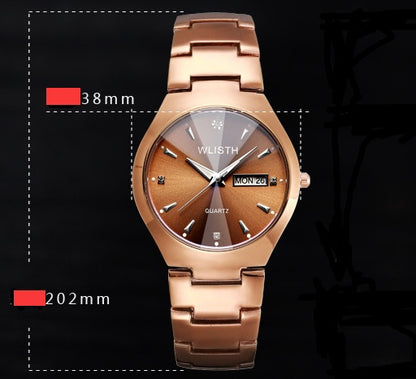 Montre de couple pour étudiants, bracelet en acier étanche et lumineux, couleur café et or