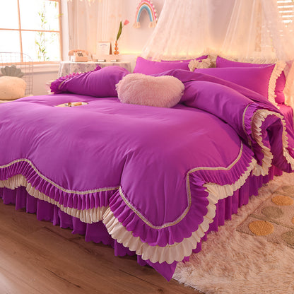 Sábana de lujo ligera para cama de matrimonio con encaje de hojas de loto, estilo princesa para dormir, de cuatro piezas, con falda de cama, color liso para niña