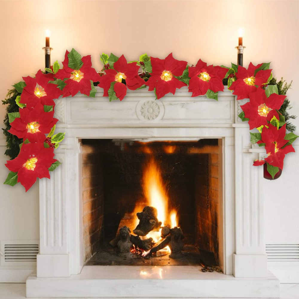 Decoración de escalera mecánica con marco de puerta y luces de cadena de flores rojas