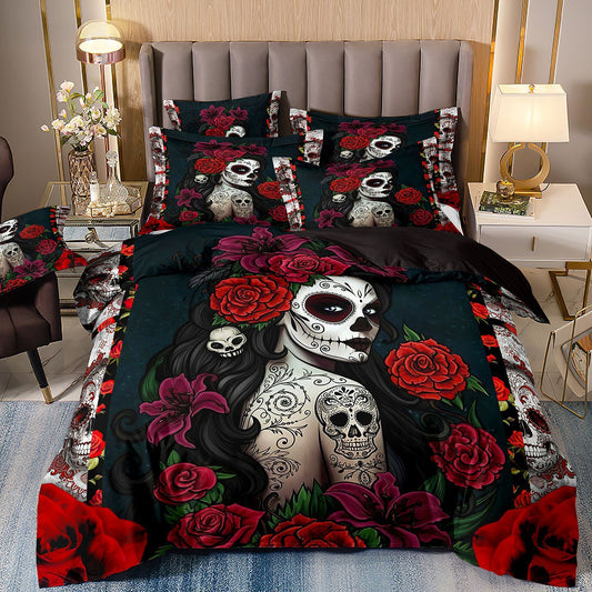 Textiles para el hogar Ropa de cama Funda de edredón estampada con calaveras Belleza Juego de sábanas de tres piezas