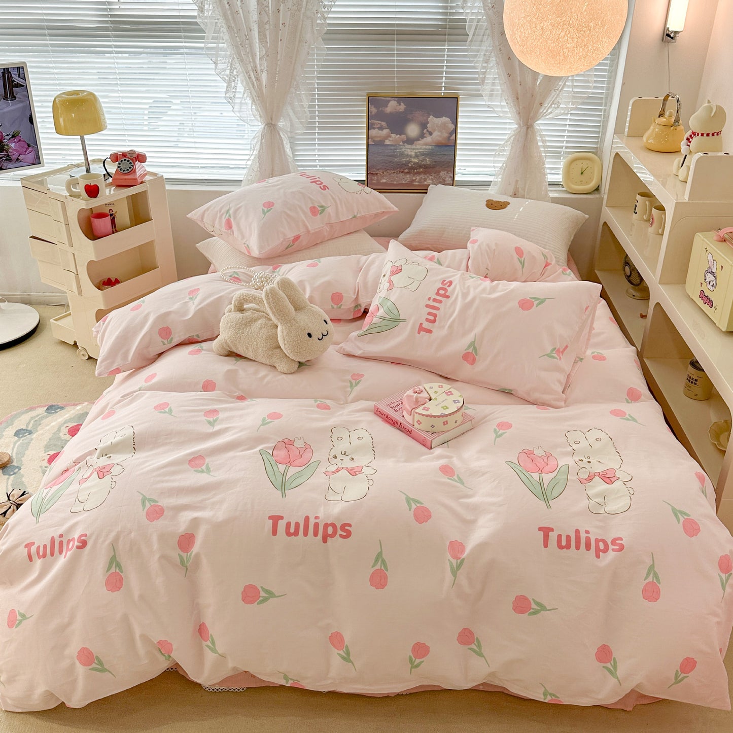 Cute Floral Rabbit Cotton Four-piece Set Pastoral Cotton Quilt Cover Bed Sheet Three-piece Set