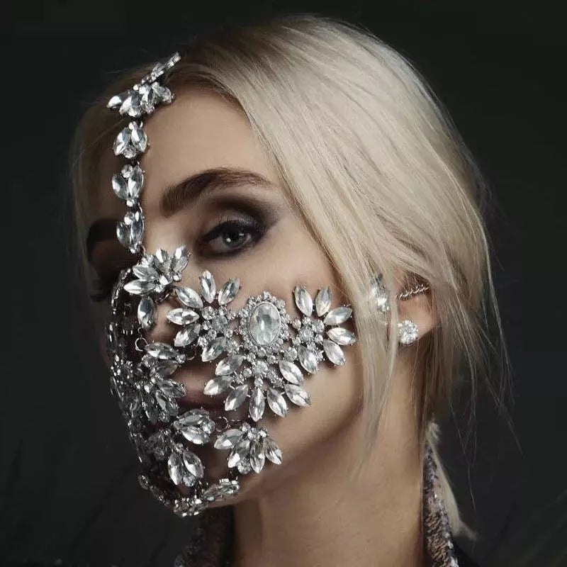 Máscara de mascarada de cristal con diamantes de imitación para Halloween, exagerada y a la moda