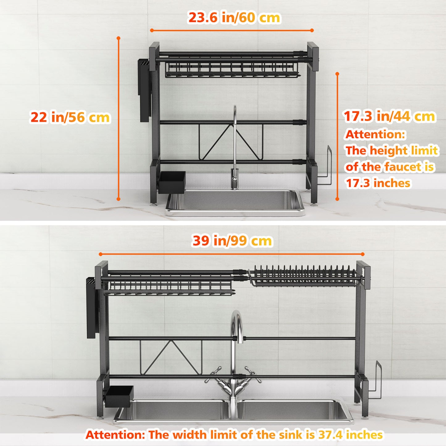 Escurridor De Platos Sobre El Fregadero, Estantes Para Platos De Acero Inoxidable De 2 Niveles Para Mostrador De Cocina, Escurridor De Platos Grande Con Soporte Para Utensilios, Soporte Para Tabla De Cortar, Rejilla De Secado Para Cocina-Negro