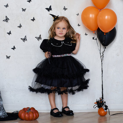 Vestido de Halloween con costura de malla y mangas abullonadas para niñas