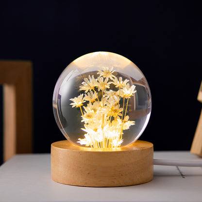 Boule de cristal de pissenlit lumineuse 3D, Base en bois de hêtre, boule de sphère de fleur préservée, ornements de bureau, cadeaux d'anniversaire et de noël