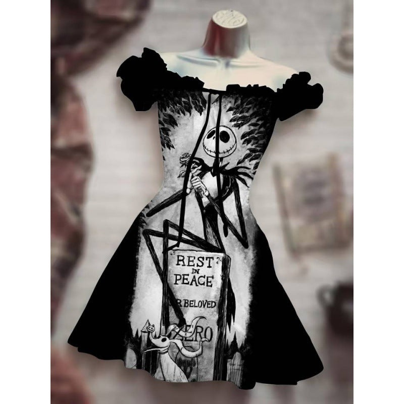 Women's Fashion Temperament Commute Halloween Drawstring Puff Sleeve High Waist Dress