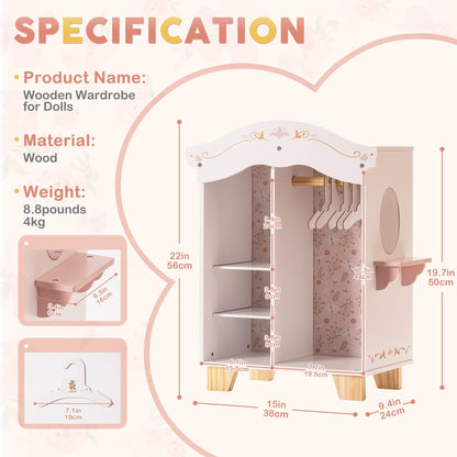 ROBOTIME Armoire de meubles de poupée de 18 pouces avec 5 cintres et coiffeuse, accessoires de poupée en bois, ensemble de garde-robe rose pour vêtements de poupée American Girl de 18 pouces 