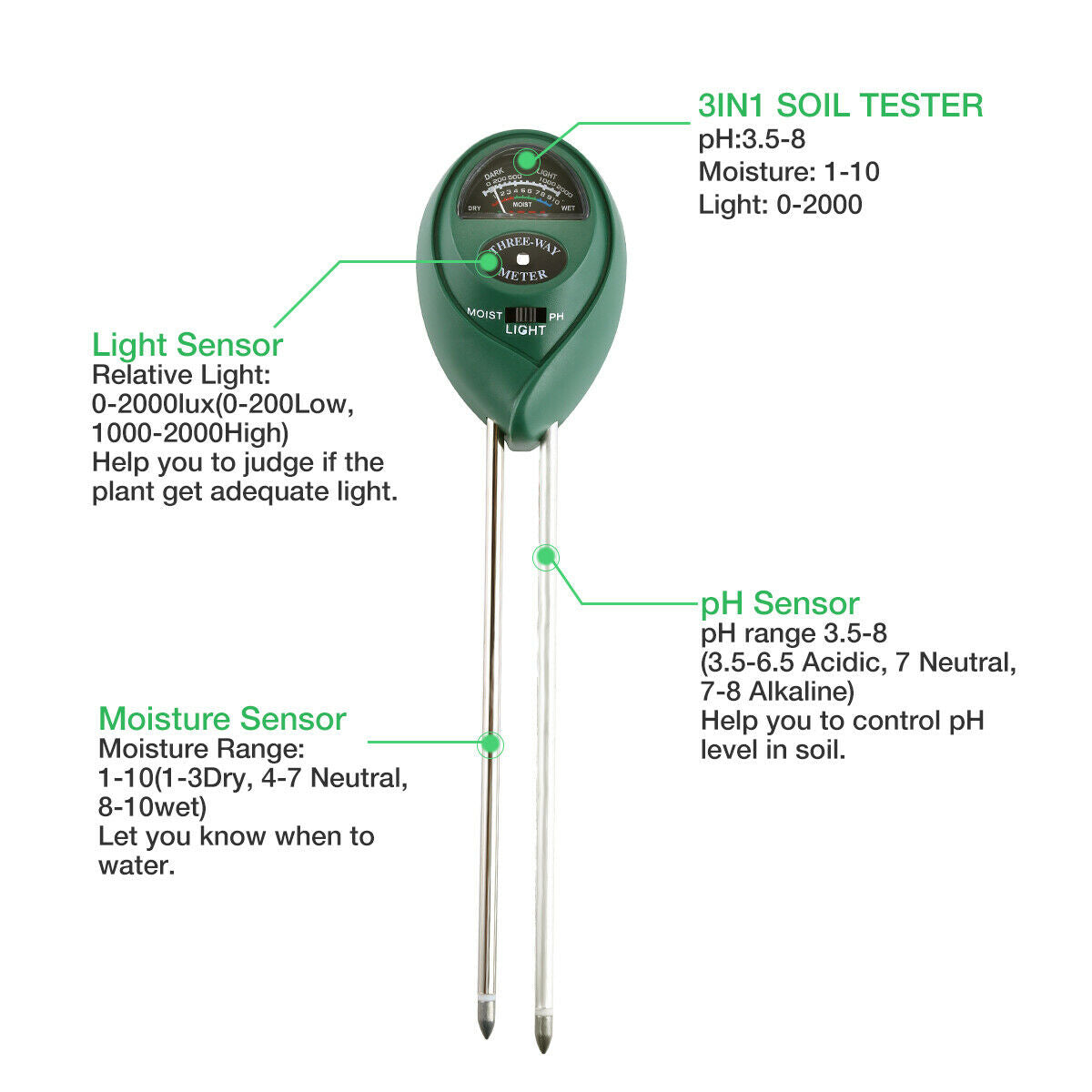 Testeur de sol 3 en 1, Kit de Test de lumière et d'humidité du PH de l'eau pour plantes de jardin et fleurs