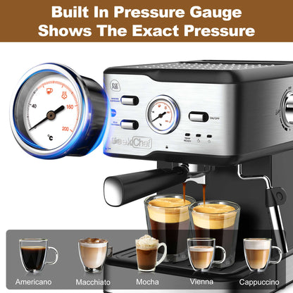 Machine à expresso Machine à café à cappuccino et latte à pression de 20 bars avec filtre ESE POD et mousseur à lait, baguette à vapeur et thermomètre, réservoir d'eau de 1,5 L, interdiction d'espresso en acier inoxydable sur Amazon