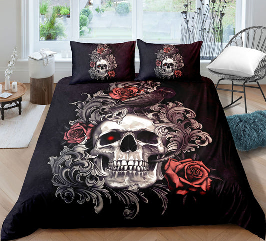 Juego de sábanas y fundas de edredón y almohadas con estampado digital 3D de calaveras de moda de tres piezas