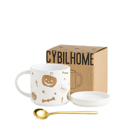 Taza de Halloween con tapa, cuchara, caja de regalo, cerámica de gran capacidad