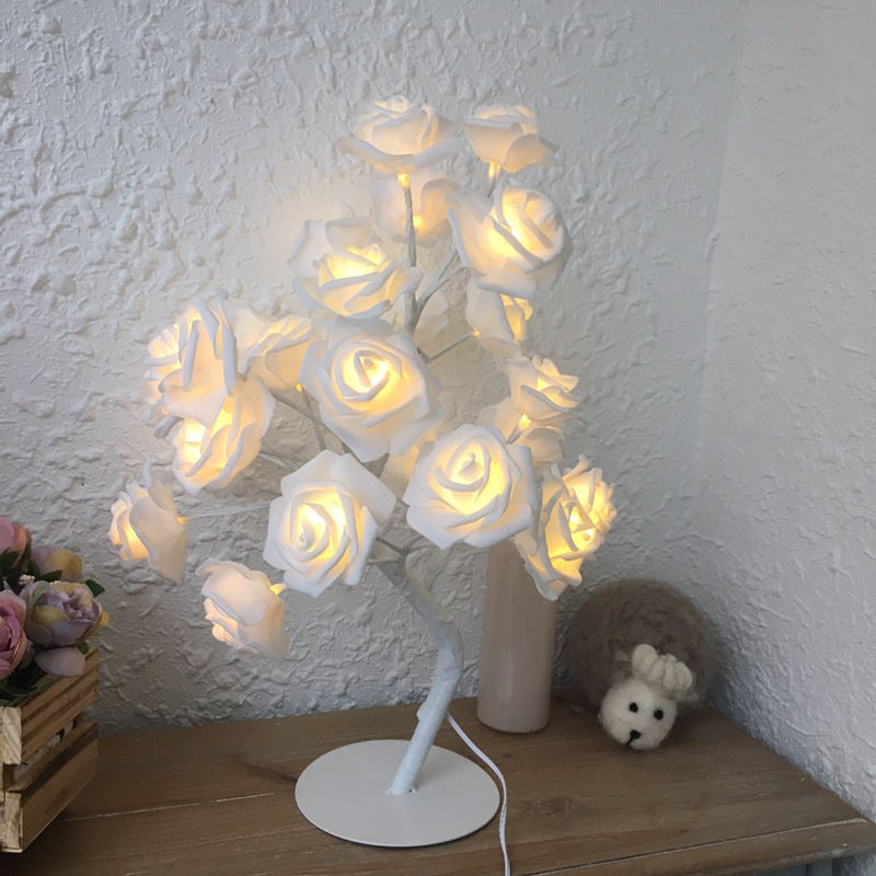 Lámpara de flores rosas, lámpara de mesa LED con batería USB, luces nocturnas de árbol bonsái, guirnalda de luces decorativas para dormitorio, decoración del hogar