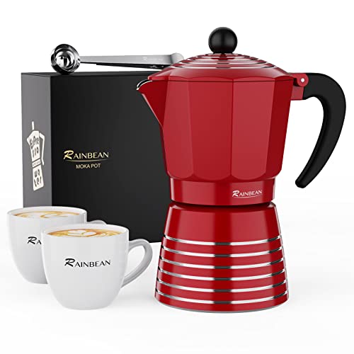 Stovetop Espresso Maker 6 Cup 300ml, Aluminum Moka Pot Gift Set, Italian Cuban Greca Coffee, Easy To Use & Clean - Set Including 2 Cups, Spoon, Red, Perfect Gifts For Coffee Lovers