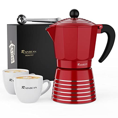 Cafetera espresso para estufa, 6 tazas, 300 ml, juego de regalo de olla Moka de aluminio, café Greca cubano italiano, fácil de usar y limpiar, juego que incluye 2 tazas, cuchara, rojo, regalo perfecto para los amantes del café